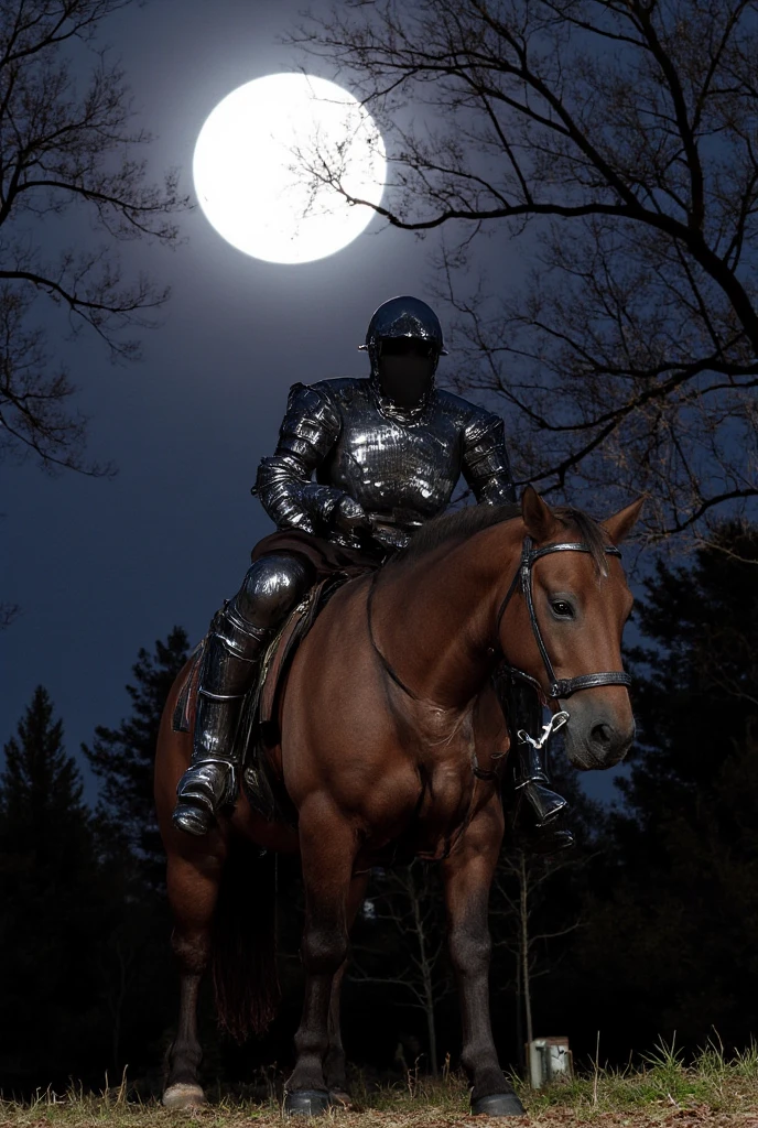 headless rider,Wearing armor,Riding a horse,Horses also wear armor,walks through the dark forest,Black armor,Moonshine