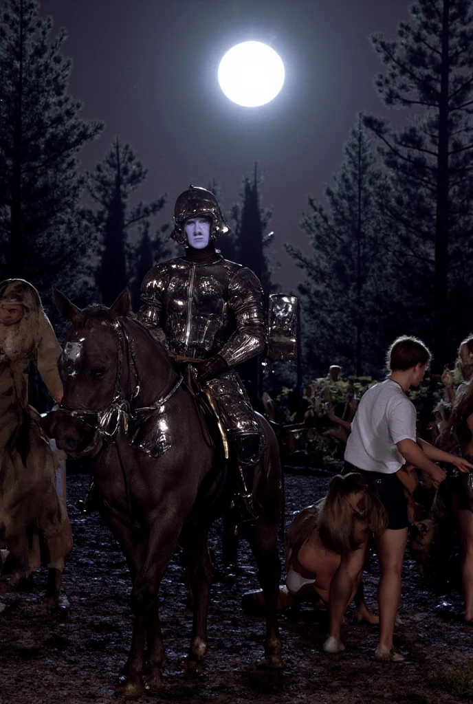 headless rider,Wearing armor,Riding a horse,Horses also wear armor,walks through the dark forest,Black armor,Moonshine