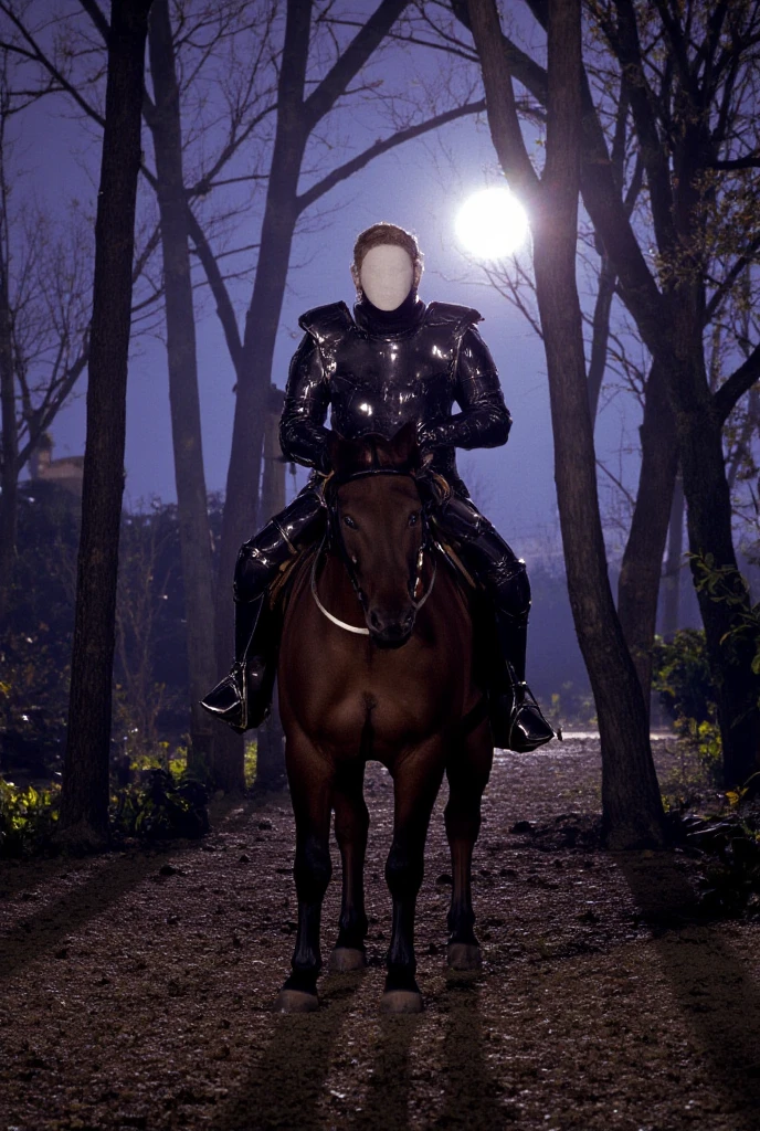headless rider,Wearing armor,Riding a horse,Horses also wear armor,walks through the dark forest,Black armor,Moonshine