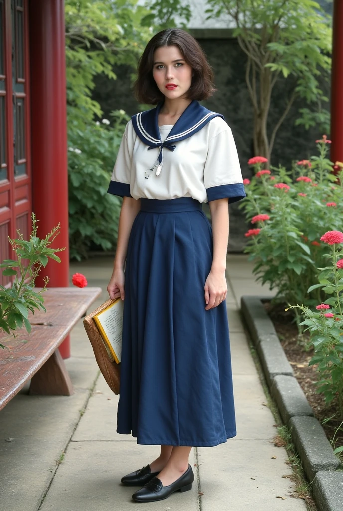 The picture style is exquisite and realistic,focusing on color matching and lighting effects。The subject is a stylish female student,Short-haired black hair, fair skin , pretty face,Wearing a blue-and-white school uniform,White top,Blue Skirt,Wear black cloth shoes。She is standing in a classical Chinese garden,In the courtyard,with red moonflowers blooming on the side,She is carrying a brown cloth bag,holds a yellowed wire-bound book in hand,Focused eyes,Seems to be thinking。The warm color of the picture,creates a retro、Literary and artistic atmosphere。In composition,character in the center of the picture,The surrounding garden elements add embellishment to the character,It highlights the character's temperament and background。Left hand position,tries to fix anomalies during adjustment。