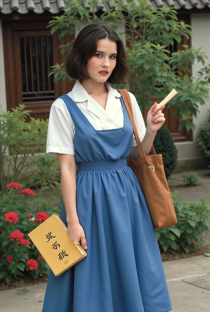 The picture style is exquisite and realistic,focusing on color matching and lighting effects。The subject is a stylish female student,Short-haired black hair, fair skin , pretty face,Wearing a blue-and-white school uniform,White top,Blue Skirt,Wear black cloth shoes。She is standing in a classical Chinese garden,In the courtyard,with red moonflowers blooming on the side,She is carrying a brown cloth bag,holds a yellowed wire-bound book in hand,Focused eyes,Seems to be thinking。The warm color of the picture,creates a retro、Literary and artistic atmosphere。In composition,character in the center of the picture,The surrounding garden elements add embellishment to the character,It highlights the character's temperament and background。Left hand position,tries to fix anomalies during adjustment。