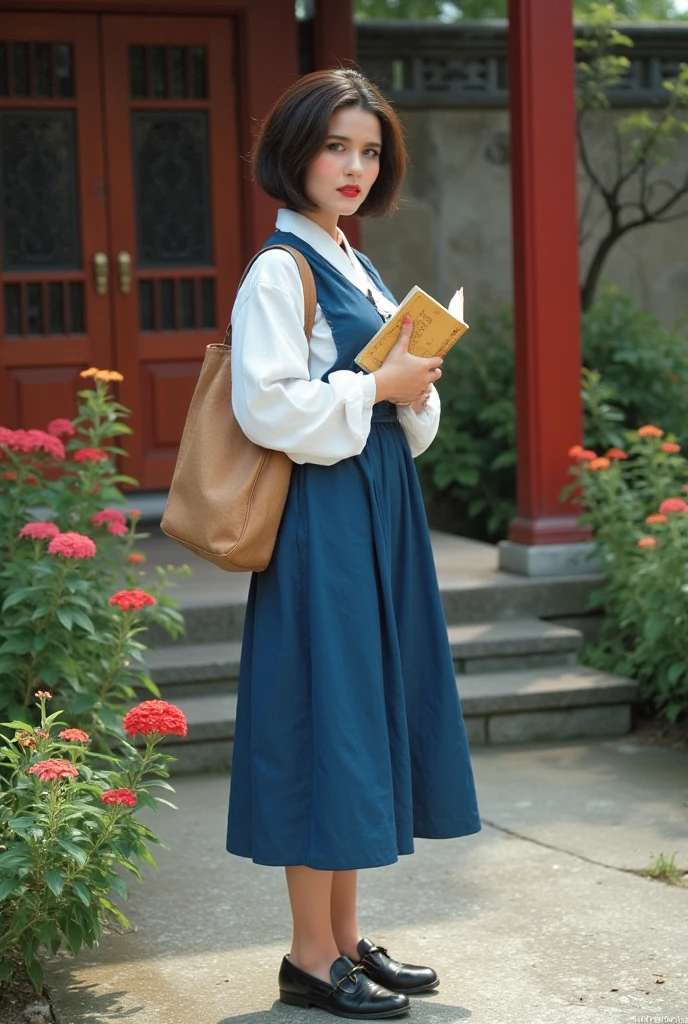The picture style is exquisite and realistic,focusing on color matching and lighting effects。The subject is a stylish female student,Short-haired black hair, fair skin , pretty face,Wearing a blue-and-white school uniform,White top,Blue Skirt,Wear black cloth shoes。She is standing in a classical Chinese garden,In the courtyard,with red moonflowers blooming on the side,She is carrying a brown cloth bag,holds a yellowed wire-bound book in hand,Focused eyes,Seems to be thinking。The warm color of the picture,creates a retro、Literary and artistic atmosphere。In composition,character in the center of the picture,The surrounding garden elements add embellishment to the character,It highlights the character's temperament and historical background。Left hand position,tries to fix anomalies during adjustment。
