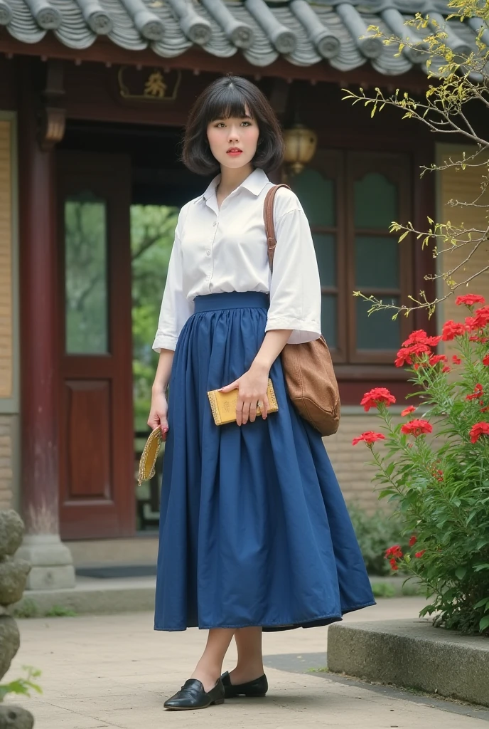 The picture style is exquisite and realistic,focusing on color matching and lighting effects。The subject is a stylish female student,Short-haired black hair, fair skin , pretty face,Wearing a blue-and-white school uniform,White top,Blue Skirt,Wear black cloth shoes。She is standing in a classical Chinese garden,In the courtyard,with red moonflowers blooming on the side,She is carrying a brown cloth bag,holds a yellowed wire-bound book in hand,Focused eyes,Seems to be thinking。The warm color of the picture,creates a retro、Literary and artistic atmosphere。In composition,character in the center of the picture,The surrounding garden elements add embellishment to the character,It highlights the character's temperament and historical background。Left hand position,tries to fix anomalies during adjustment。