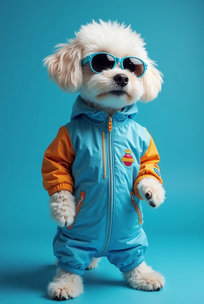  best mobile wallpaper ， Award-winning wallpaper ， Photo photography ，  Front view of a cute dog  ， Wearing a mid-1960s space fashion costume，Side view photo，Shot with a Canon EOS R5， Strong contrast to highlight the theme ，Fluorescent blue ， Wearing a very modern jacket and sunglasses ，tas&#39;  s 1960s modern style  ，  All clothes are a single color  ，Beautiful background