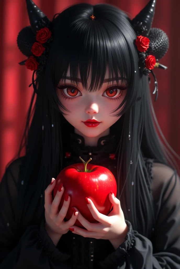 ((RAW photos),Absurd ,(Absurd 分辨率)),masterpiece,Best quality,(extremely detailed 8k unity CG wallpaper),(Most Best Illustration),(BEST SHADOW),Realistic lighting,Beautiful and detailed brilliance ,((21yo)),girl,longblackhair,Black Queen,accessories,Hold an apple,Poison apples,Witch Queen,red lipsticks,(((Her photography perspective)))