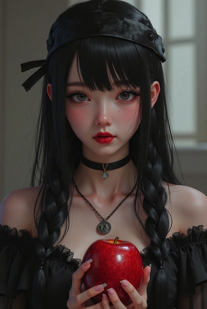 ((RAW photos),Absurd ,(Absurd 分辨率)),masterpiece,Best quality,(extremely detailed 8k unity CG wallpaper),(Most Best Illustration),(BEST SHADOW),Realistic lighting,Beautiful and detailed brilliance ,((21yo)),girl,longblackhair,Black Queen,accessories,Hold an apple,Poison apples,Witch Queen,red lipsticks,(((Her photography perspective)))