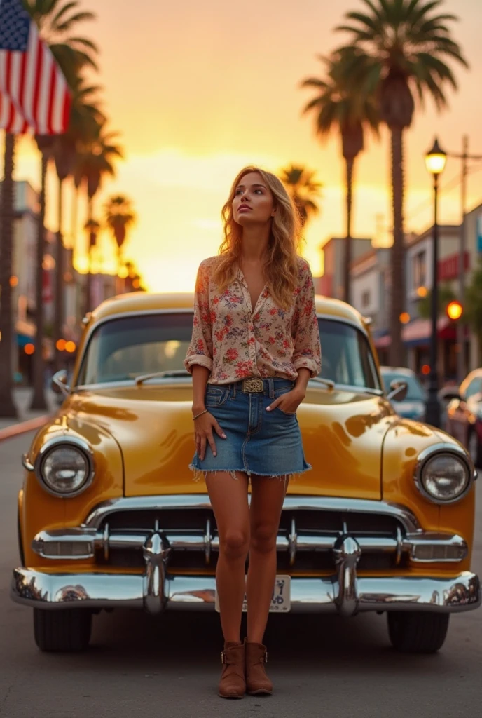 creates a peaceful and vibrant atmosphere,A woman stands confidently in front of a vintage gold car. She wears a floral shirt, Denim skirt, and brown boots, Exudes retro charm. Her gaze is upwards, Adding a contemplative mood. The car's design and chrome details shine in warm light. An American flag flutters in the background, beside palm trees and street lights, alludes to the town vibe. The scene evokes a sense of nostalgia, Blending urban elements with natural beauty. Soft lighting enhances the golden hour vibe, under a vibrant orange sunset.