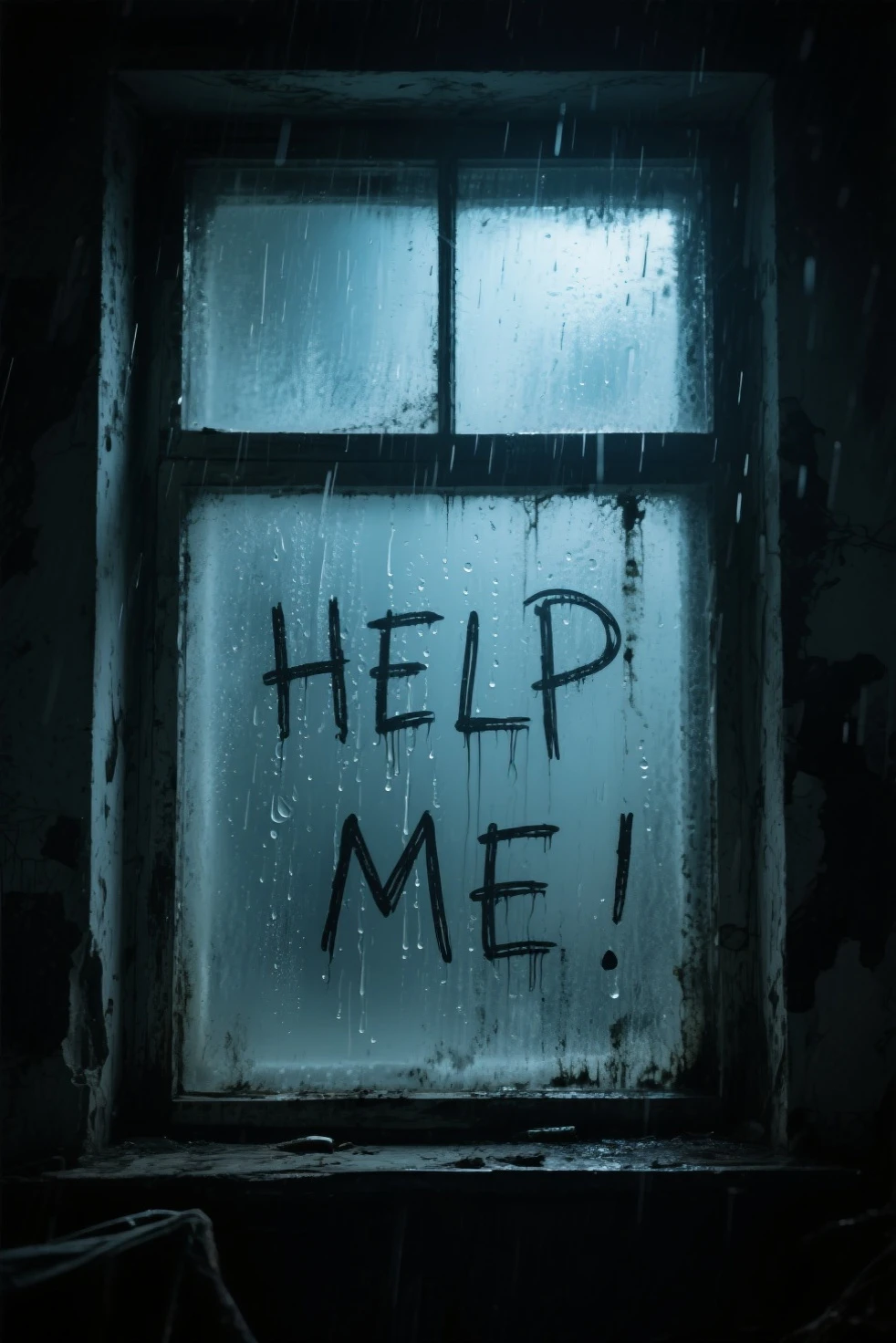 A rain-soaked, frosted windowpane in a dark, abandoned room. Scrawled in condensation and grime on the inside surface, crude, backward-written message reads “HELP ME” — like and desperate. Raindrops streak down the glass, cinematic lighting, casting soft shadows and enhancing the unsettling mood. No human,Masterpiece horror atmosphere