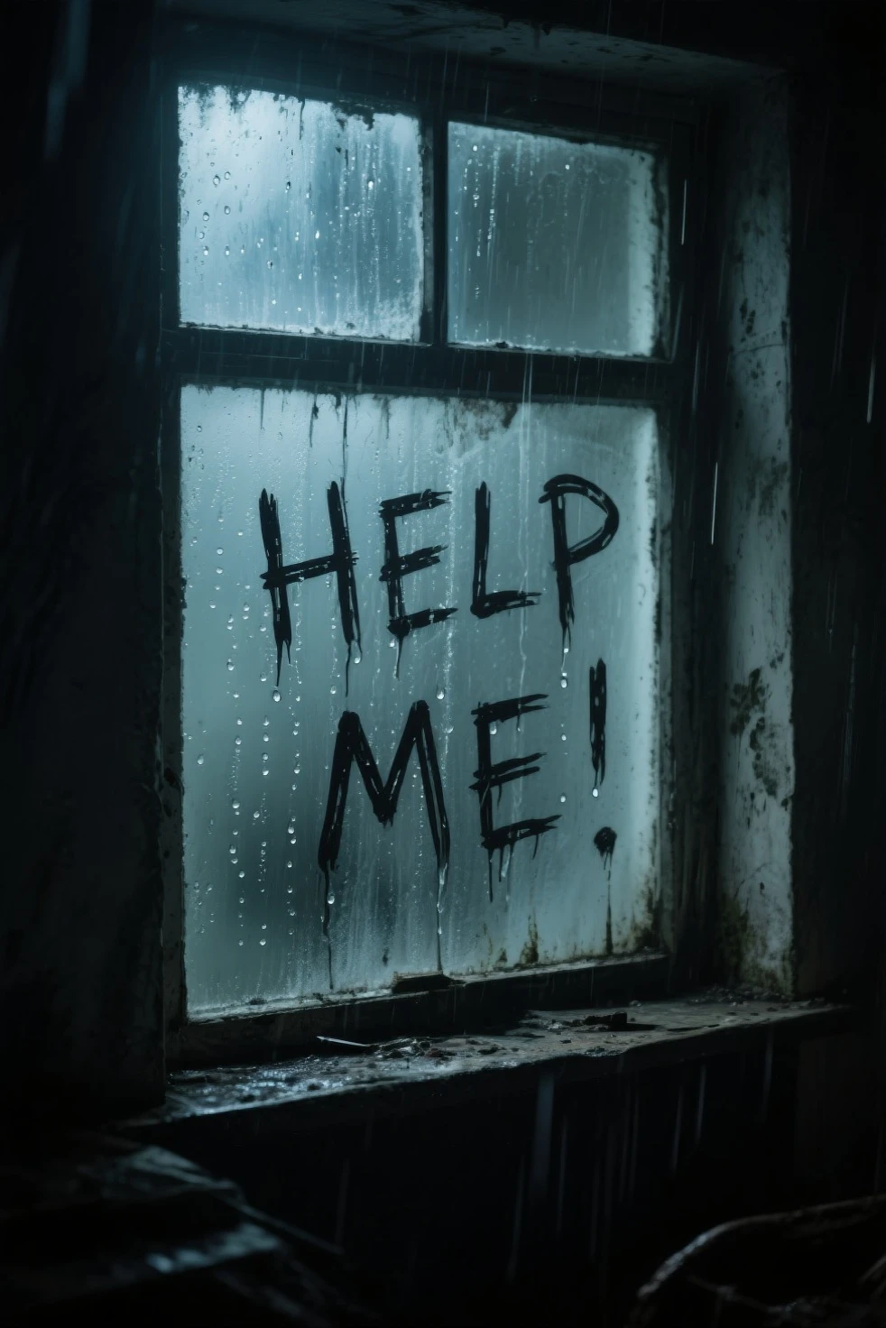 A rain-soaked, frosted windowpane in a dark, abandoned room. Scrawled in condensation and grime on the inside surface,  crude, backward-written message reads “HELP ME” — like and desperate. Raindrops streak down the glass, cinematic lighting, casting soft shadows and enhancing the unsettling mood. No human，Masterpiece horror atmosphere