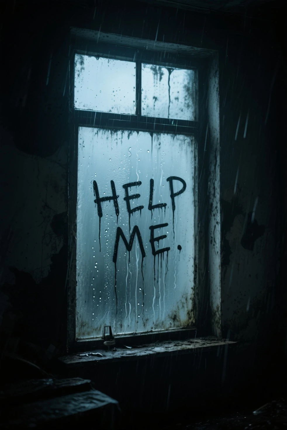 A rain-soaked, frosted windowpane in a dark, abandoned room. Scrawled in condensation and grime on the inside surface, crude, backward-written message reads “HELP ME” — like and desperate. Raindrops streak down the glass, cinematic lighting, casting soft shadows and enhancing the unsettling mood. No human,Masterpiece horror atmosphere
