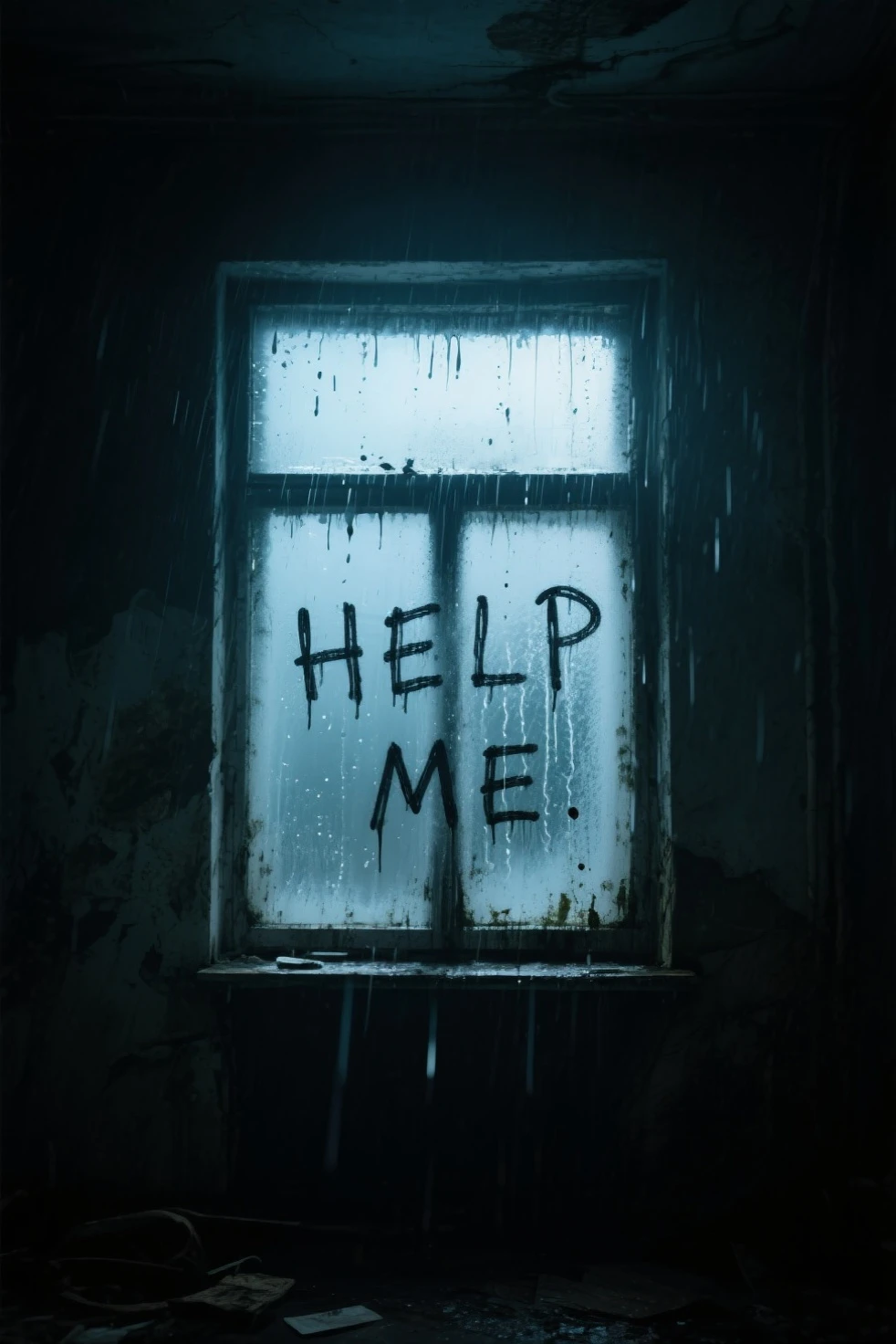 A rain-soaked, frosted windowpane in a dark, abandoned room. Scrawled in condensation and grime on the inside surface, crude, backward-written message reads “HELP ME” — like and desperate. Raindrops streak down the glass, cinematic lighting, casting soft shadows and enhancing the unsettling mood. No human,Masterpiece horror atmosphere