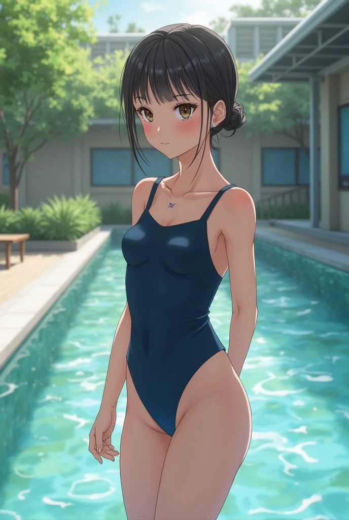 1girl, smiling, solo, looking at viewer, (standing), (upper body), blue eyes, barefoot, close, poolside, view from side, amano_hina, wet hair, wet, long black hair, ((nude)), choker, neck shot, naked body, full body naked, nude