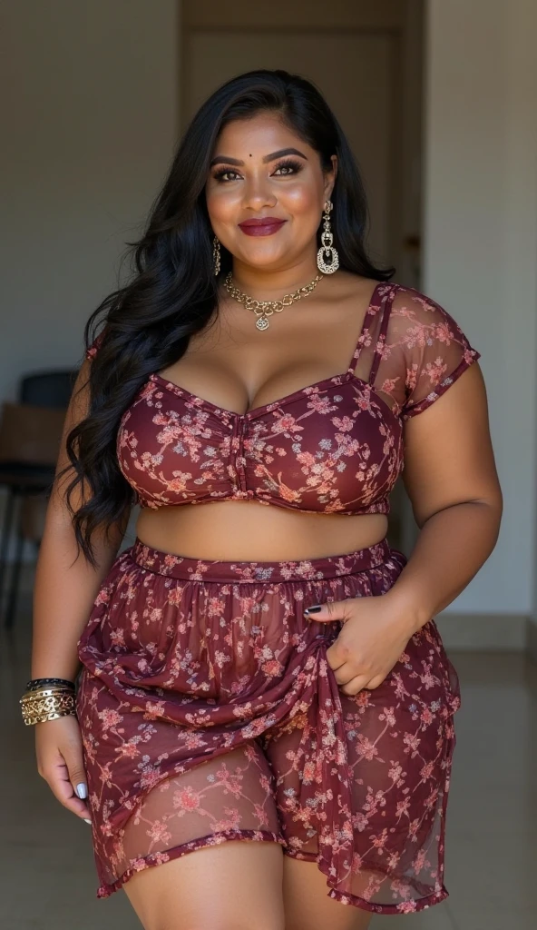 gorgeous curvy plus size Indian bengali actress ritavori , glowing eyes, wearing SHEIN Young Boy Spider Print Short Sleeve T-Shirt And Shorts Set With Bag Color: Red , covered Bust, parted lips, blushing cheeks, thick thighs, bigger waist, busty, curvy plus size body, full body, full body shot, head to toe view, smoothning burgendy color hair with pfrench braid hairstyle, hourglass body, curvy plus size body, smile face, bigger waist, busty, big hips, fleshy thighs, thick thighs, busty, full body view, ultra detail, high resolution, ultra detailed, best quality, amazing, top quality, extremely detailed CG unity 8k wallpaper, full body view, Marrakech Souks, Morocco: Vibrant markets with colorful textiles and spices.