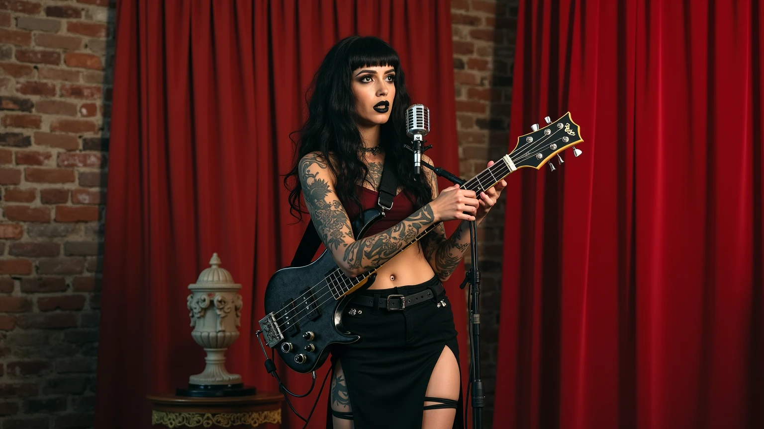 In this cinematic masterpiece, a stunning woman poses in a dimly lit office, surrounded by dark filigree and intricate artwork. Wearing a gothic-inspired dress with lace details, her tattoos gleam under the dynamic lighting. She holds a jackson guitar seductively, her gaze piercing through the camera lens. The 32k ultra-fine detailed image features smooth, stylized art with ultra-high definition and ultra-sharp focus. Makeup is subtly applied, accentuating her features. Framed by a 50mm lens at f/2.8, the scene is captured in photorealistic style, rivaling Greg Rutkowski's artistic mastery.