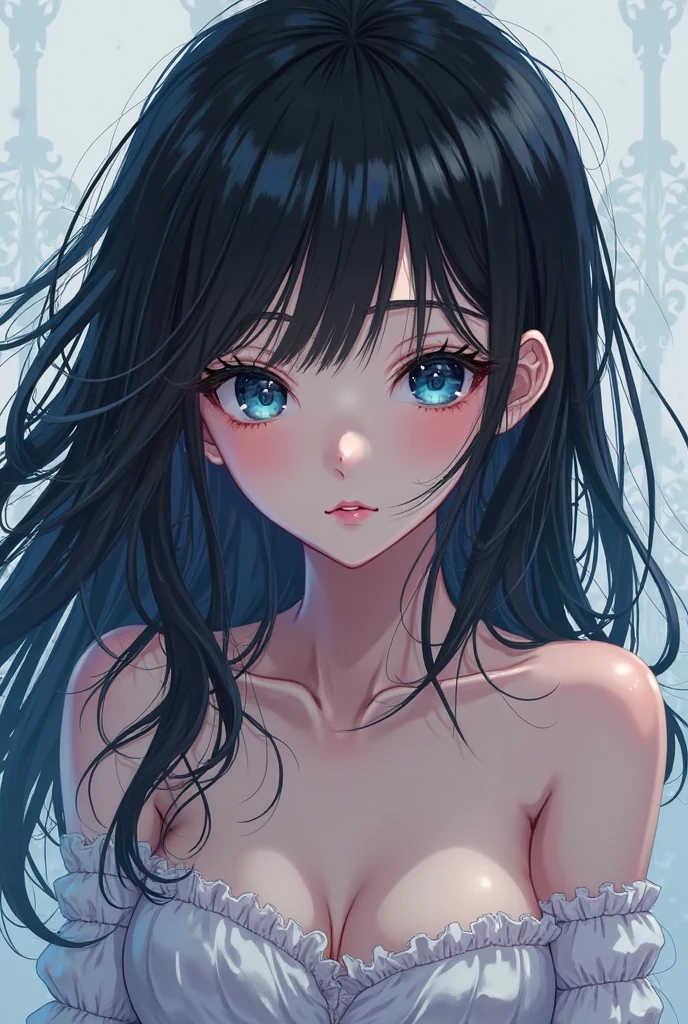 (Masterpiece, BestQuality:1.3), (ultra detailed:1.2), (hyperrealistic:1.3), (RAW photo:1.2), High detail RAW color photo, professional photograph, (Photorealistic:1.4), (realistic:1.4), professional lighting, perfect anatomy, (Big Breasts:1.2), (blush, detailed face), (cheerful Smile:1.5), (Blue Hair:1.5), Trending Hair&Trending Hairカラーをランダムに, earrings, necklace, bracelet, sexly, erotic sexly, Random sexy gravure poses, (Beautiful woman in black lingerie、In an old-fashioned bedroom、Soft look、Lying on the bed with her long wavy hair hanging over her shoulders、Pulling down the strings of her lingerie a little。: 1.3)