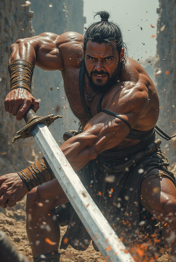 Action shot of a spartan warrior naked, muscular body, cinematic lighting, brutal, dust, sweat, hyper-detailed, hd, 4k