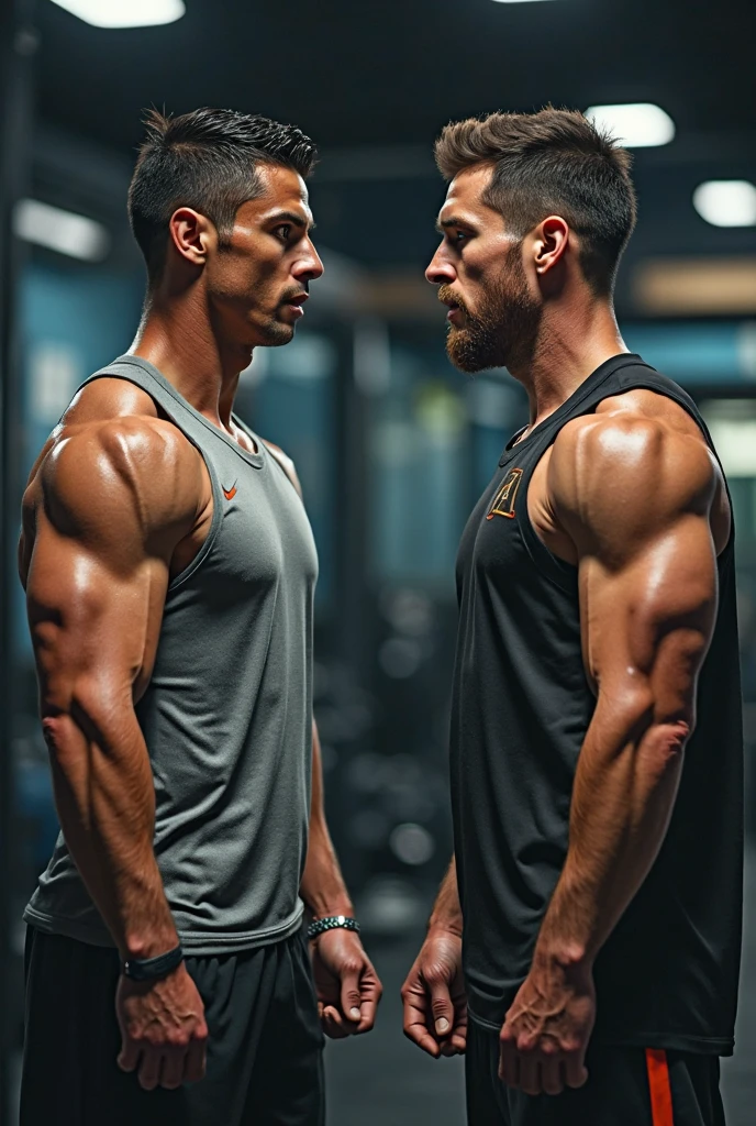 A muscular gym worker doctor consulting so skinny man to do bench press and eat more