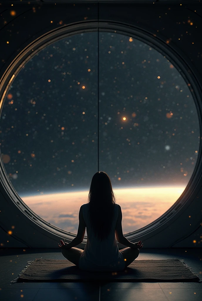 A brunette girl with curly hair and big breasts sits with her legs stretched out, taking a realistic photo, planets, mercury mars venera jupiter