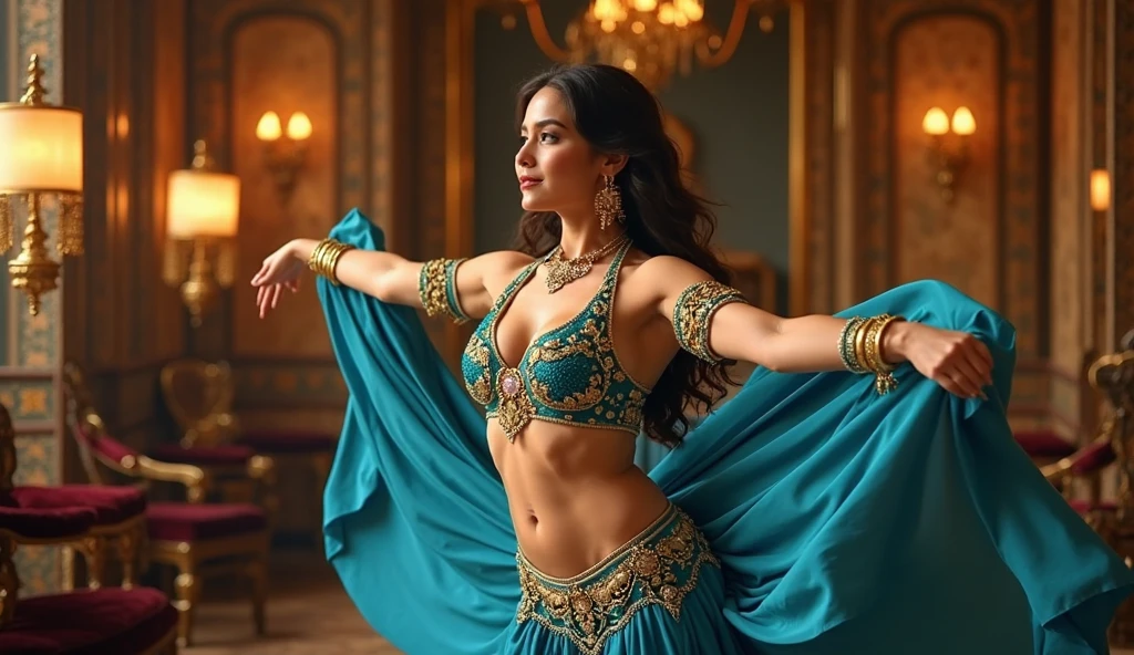 a belly dance wearing a traditiuonal belly dance costume. She is adorned with many jewels, including a heavily embellished bra and 
a matching belt,both covered in intricate designs and sparkling gems.She as a gem as a diadem on her forehead. The costume is colorfil and 
intrincate 
The dancer strikes a graceful and elegant pose,highlihting the beauty and detail of her accessories