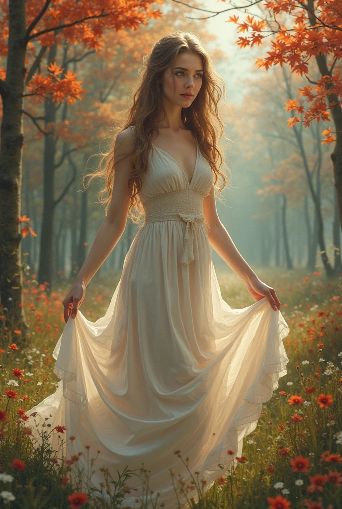 Sweet elf with brown long smooth hair. White dress