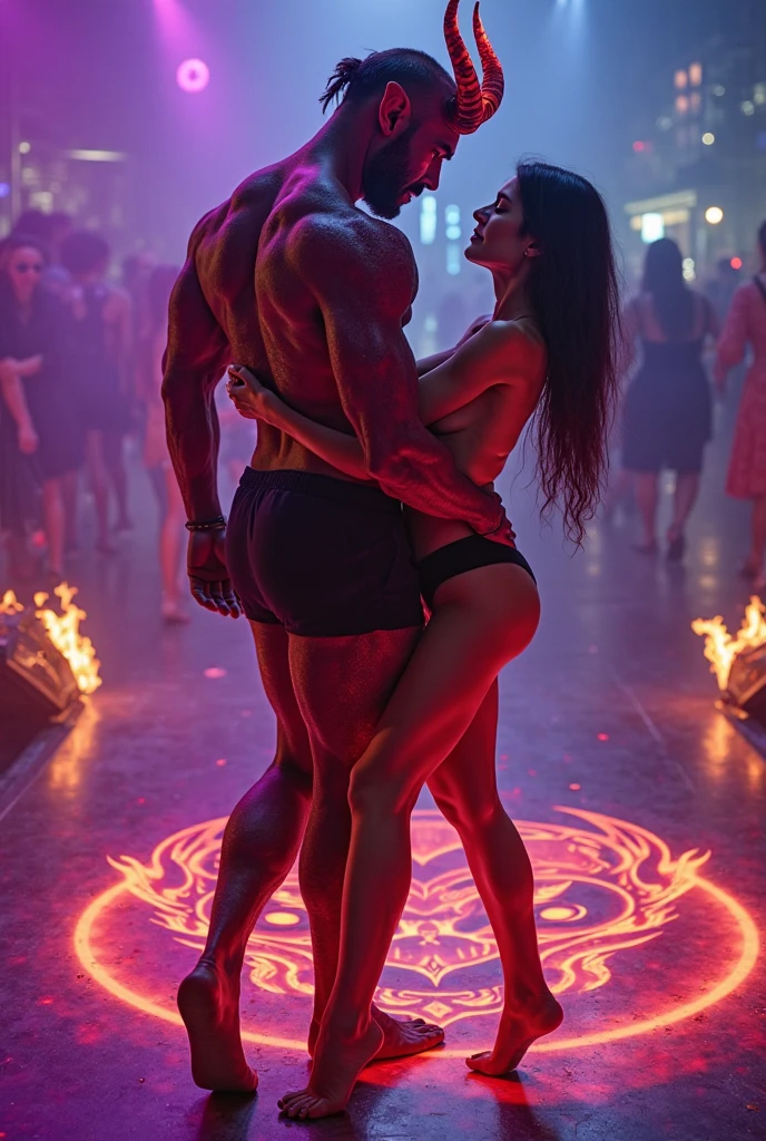 A young Puerto Rican man hairy bearded strong muscular red underwear bulge bulge, having his open underwear pulled down by a beautiful woman in red panties crouching in front of him, in performance on a stage of a television program presented by a famous presenter.