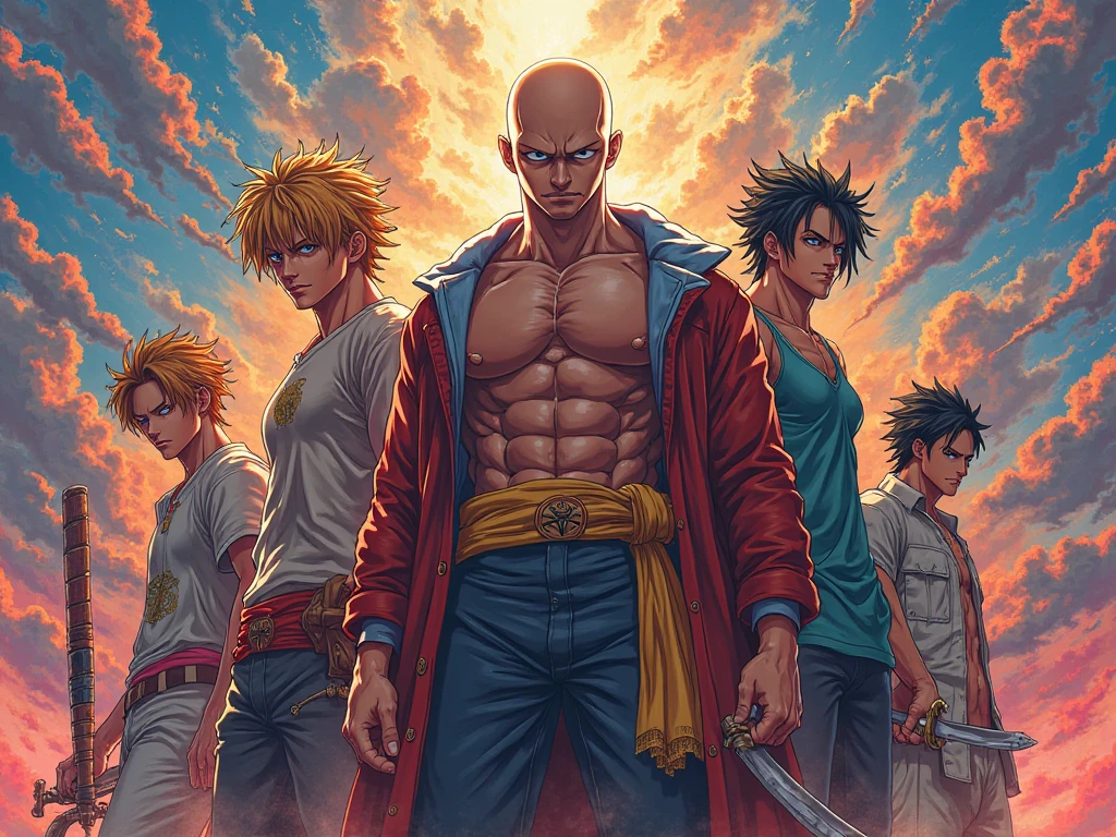 Three gorgeous women (varied height, varied weight, varied race, wearing a towel or less, crazy hairdo, crazy jewelry, tend towards fit and hourglass figure) they are celebrating being alive (kissing and flirting) wit Saitama (one punch man) who has a confused look on his face and is covered in gore as it rains down from the sky from his last kaiju battle. streets of Tokyo