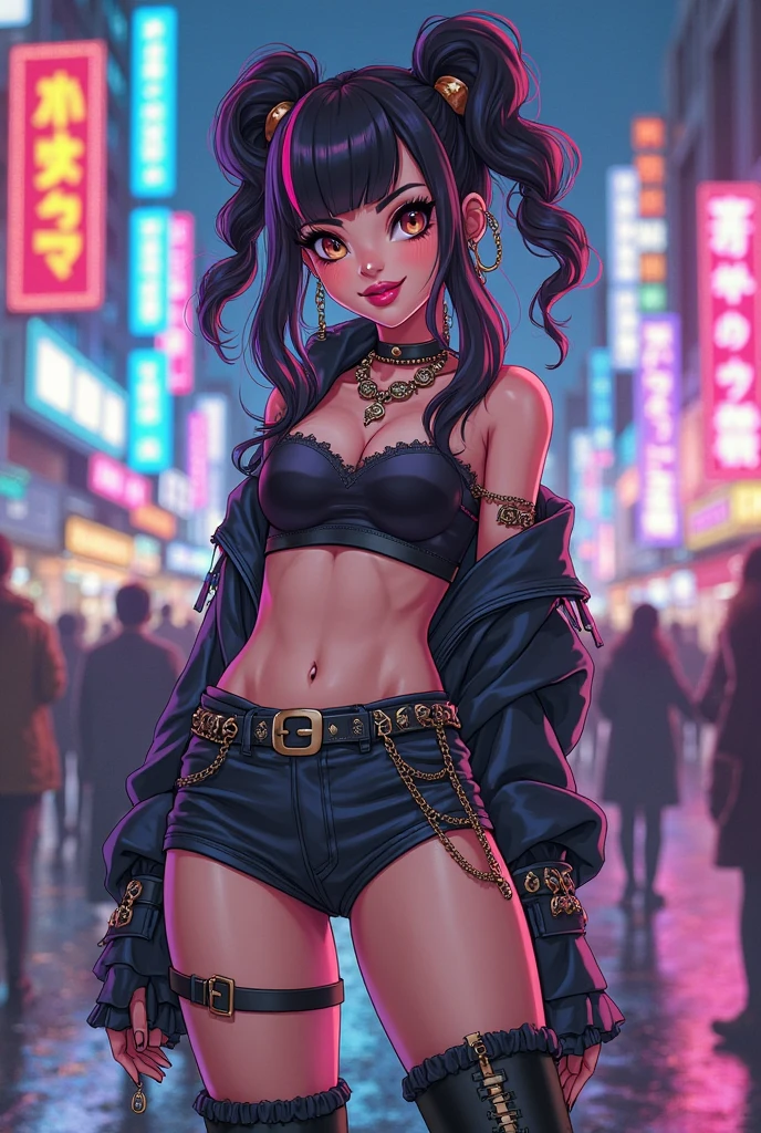 girl spacepunk,(((1girl))),((cute and beautiful afro haired girl)),((((black race)))), (large breasts:1.4),saggy breasts,((((black afro hair:1.35,((afro hair:1.35)),afrohair,afro:1.35,dark hair,black hair,Double hair bun:1.3)))),medium hair,((heterochromia:1.5, (yellow_eye and red_eye))),intricate eyes,beautiful detailed eyes,symmetrical eyes,((fat)),((((tan,dark skin,black skin:1.35,dark-skinned_female,dark skin:1.3,ebony skin,lustrous skin:1.5,bright skin: 1.5,shiny skin,very shiny skin,shiny body,illuminated skin,wet legs)))),(spider lower abdomen,narrow waist,wide hip,athletic body,inflated legs),(((detailed face))), cute,slutty,sensual,seductive look,seductive,erotic,enchanting,((nsfw)), revealing clothing,show skin,(((neon green fishnet dress))),((slave collar)),(((wet clothes,intricate outfit,intricate clothes))), (dynamic pose:1.0),solo focus,embarrassed,(centered,scale to fit dimensions,Rule of thirds), cyberpunk city by the ocean at night, with bright neon signs and dark stormy clouds and puddles, scenery:1.25, artistic photography,(photography taken by sldr),highres, sharp focus, (ultra detailed, extremely detailed), (photorealistic artwork:1.37),(extremely detailed CG unity 8k wallpaper),((synthwave background theme)),(((vibrant colors))),(intricate background),(masterpiece),(best quality),