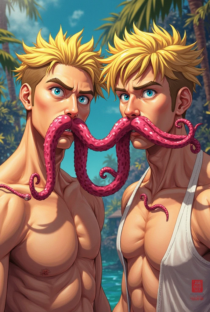 4 men , multiple men, Muscular shirtless handsome man laughing,  pink tentacles tickling armpits, hands above head, tentacles all over body, tentacles background, tentacles touching man's armpits , tentacles tickling ribs , tentacles touching nipples, a tentacle monster with green eyes behind them 