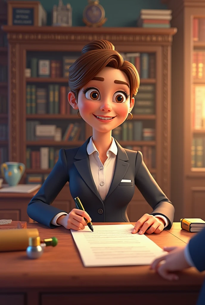 Pixar-style, parade ,natural portrait,stunning brown eyes,skin fair,straight red hair,business woman,formal black suit,beautiful  face,Delicate features,charmer smile,confident posture,Illuminated by the soft light of day,office background, holding cell phone 