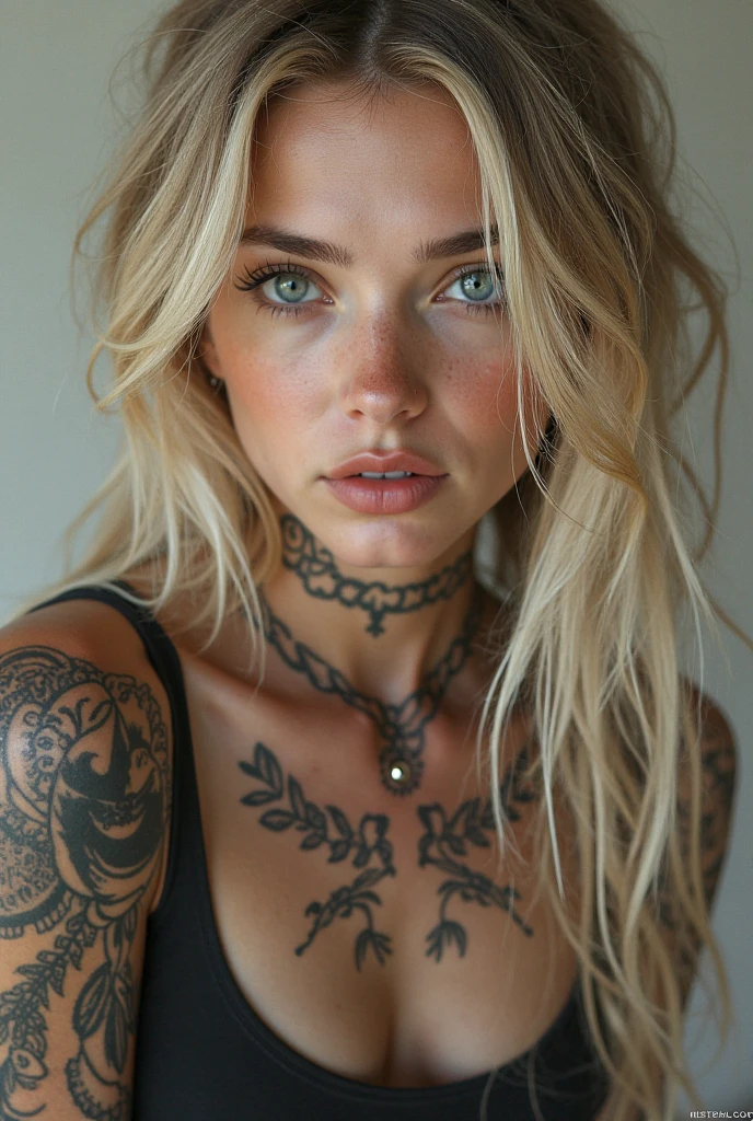 a 20 year old woman, blonde hair, two tattoos on the left upper arm, a tattoo on the left forearm, two tattoos on the right forearm, a tattoo on the neck, behind the ear and on the spine and above the chest, a tattoo on the left thigh, Belly button piercing and nose piercing