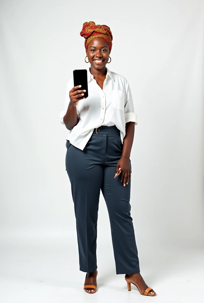 Asha, 1girl, solo, (((Ebony))), (((Dark skin))), (((SFW))), 30 years old, (mature), fully naked, capturing a selfie, taking a selfie shot, smiling, ((wearing a blue blouse))