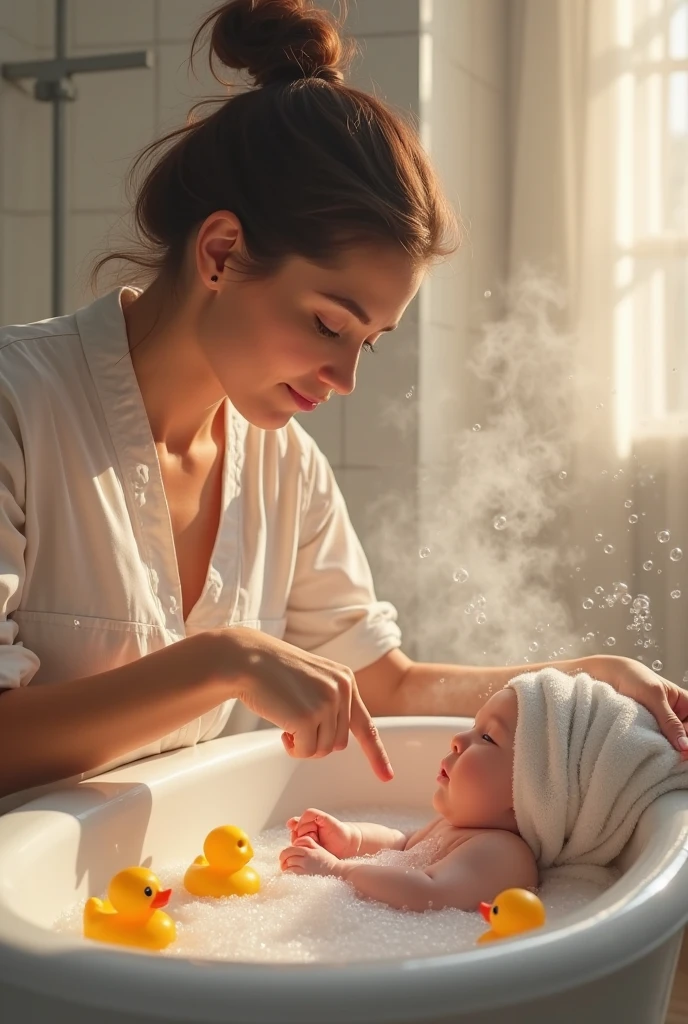 A mother bathing her baby in a tub