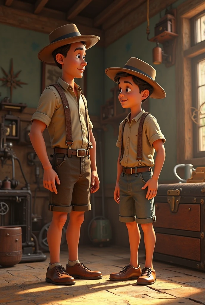A young poor boy of 8-10 years old stands in a dimly lit, rustic room with wooden and brick walls. They have a serious expression and are wearing a loose beige shirt with suspenders. Moonlight streams through a dusty window, illuminating their face. In the background, there are tools, a workbench, a ladder, and other workshop items, night time, dark theme