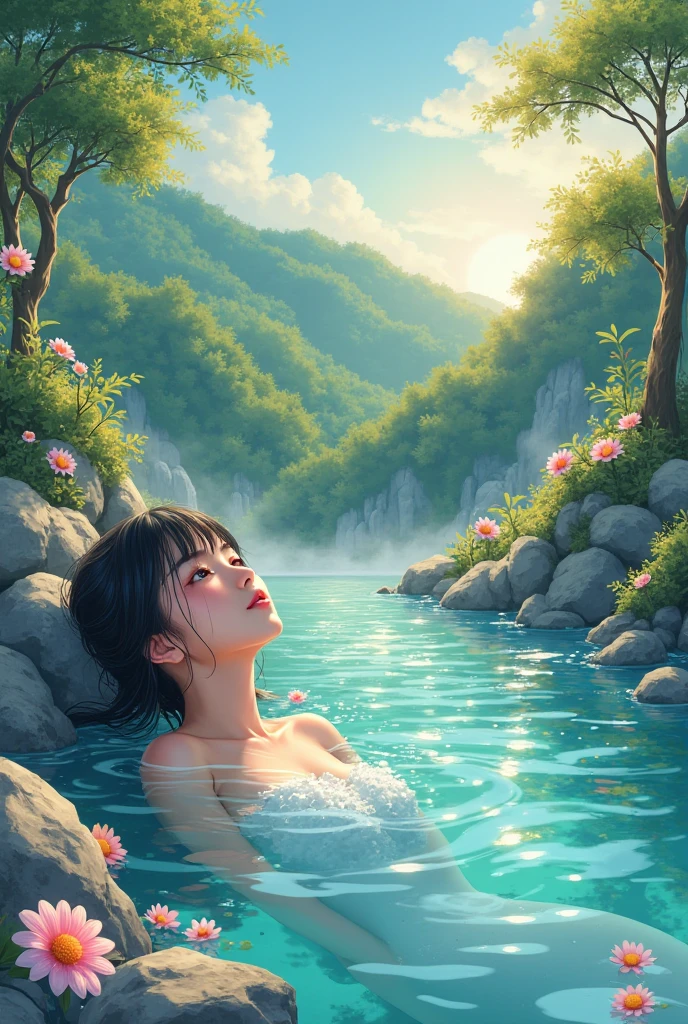 ULTIMATE FLIGHT IN 8K DOLBY VISION® (HDR)naked gorgeous woman,lighting,expressive body language,((in a lake, with flowers and rocks)).