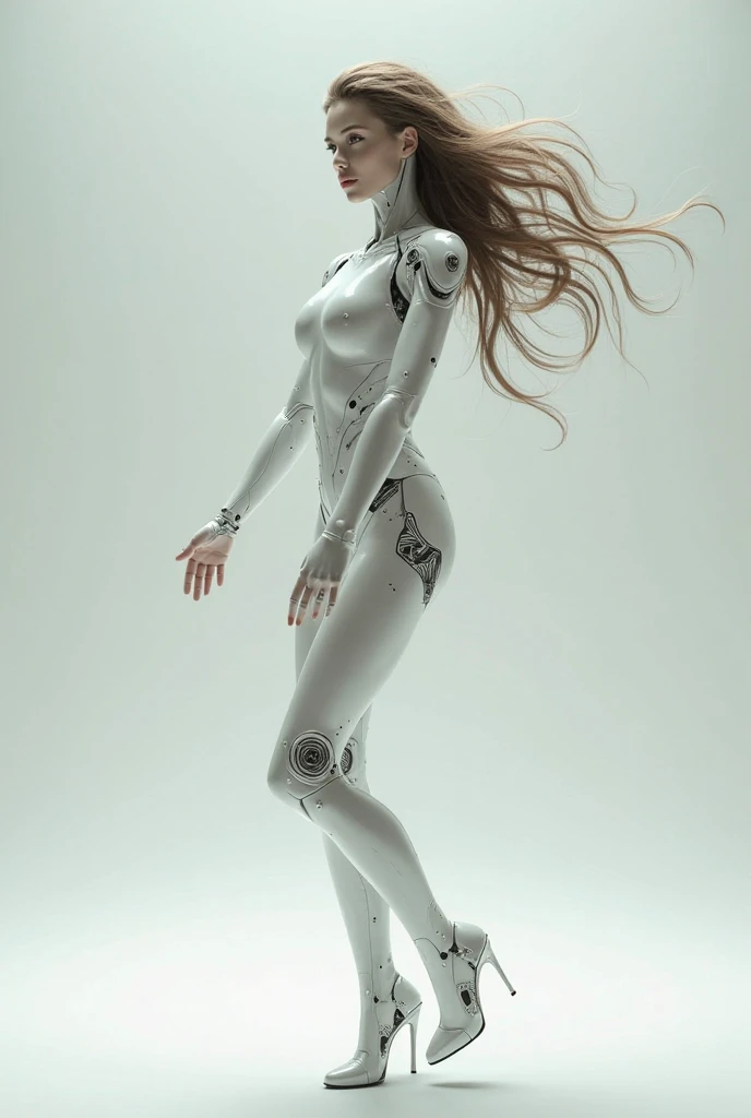 A full-body image of a stunning supermodel who is the embodiment of advanced artificial intelligence. She has beautiful flowing hair, The model will be nude, since her silver AI skin perfectly covers her silhouette, making her body appear to be the high-tech attire itself. Intricate lines and patterns resembling circuits and digital effects run across her silver skin, simulating the flow of data and technology. The model is not wearing any additional clothes;