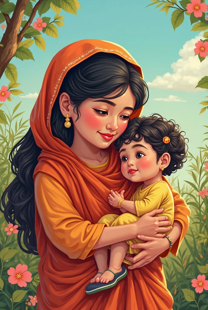arafed woman holding a baby in her arms and smiling, indian art, mother, beautiful art, maternal photography 4 k, painting of beautiful, very beautiful photo, beautiful depiction, beautiful artwork, very beautiful woman, very beautiful portrait, very beautiful, gorgeous woman, beautiful portrait, very very beautiful woman, very extremely beautiful, by Saurabh Jethani, beautiful women