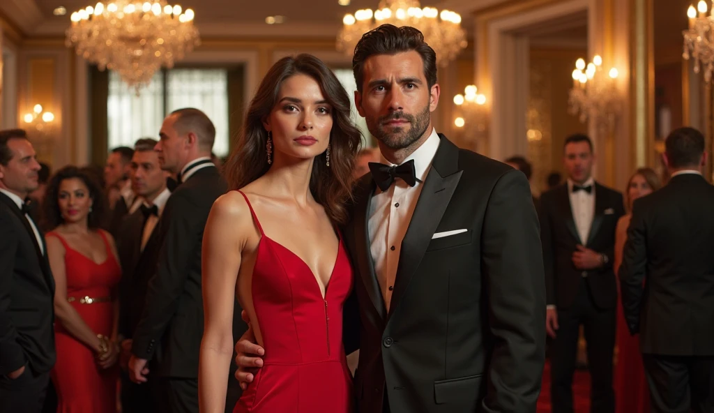 An handsome billionaire man with a beautiful red dressed lady and a younger man by the side staring. 