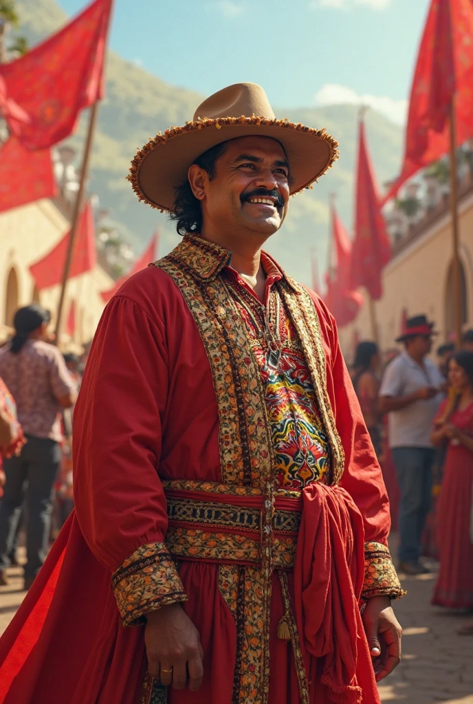 {
"prompt": "Create a high-quality, ultra-detailed image of a 38-year-old man from the Mexica (Aztec) civilization. He is dressed in traditional attire, including a vibrant feathered headdress, gold jewelry, and a beautifully adorned cloak made of woven fabric with intricate patterns. The scene is set in the heart of Tenochtitlan, with majestic temples and bustling market stalls in the background. The image should focus on the upper body in a medium shot, with a shallow depth of field to highlight the detailed textures of his clothing and ornaments. His skin should be textured and lifelike, reflecting the natural light of the setting. The background should be slightly blurred to ensure the man stands out as the central figure."
}