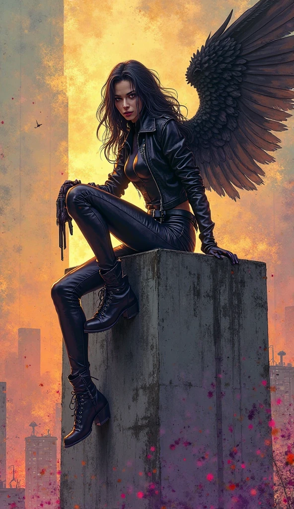 anime line art:1.5,plano general, whole body, Pay attention, rebel angel sitting on a high-rise building, watching the city in destruction:1,5, Big black wings, black leather jacket:1.4, The eyes, dark and torn, ((only 1 dark and malevolent woman from the underworld evil smile, squinted eyes:1.3)), Bodycon Leather Clothing Black Leather Jacket,beautiful muscular body, fierce expression, holding a gun, (colors in your clothes, warm, orange, yellow, violet: 1.3), standing in a desolate field, dramatic lighting, intense shadows, sandy texture , high contrast, vibrant colors, dynamic pose, powerful posture, rough background, explosive atmosphere, dystopian theme, surreal elements, digitally painted illustration, high definition resolution, intricate details, dramatic composition, avant-garde and chaotic brushstrokes, Gothic style, intense emotions, Scale epic, raw and gritty feeling, Captivating and provocative works of art.....pants_v1c