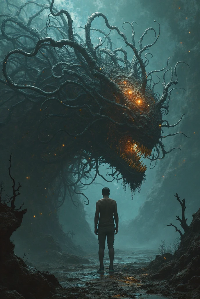 hp lovecraft scared reading on his knees the necronomicon in a nightmare landscape of the dark dimension of the dream where extraterrestrial beings from other dimensions live waiting to be released beings with grotesque and tentacled shapes with many eyes and mouths floating in space