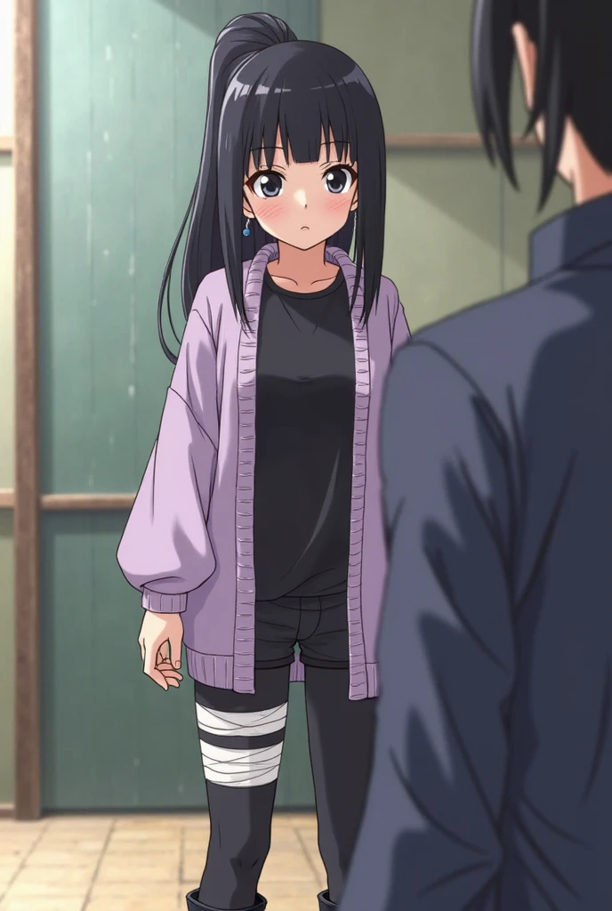 A woman with very long black hair and (very long bangs:1.5), wearing a stylish jacket and tight jeans, standing. The artwork is inspired by manga and incorporates a doujin style. The woman appears to be (wetting herself:1.5), which causes her to feel embarrassed and humiliated, resulting in a blush on her face. In addition, there is an air of anger in her expression. The lighting in the scene is moody, with a spotlight highlighting the woman's figure. She is crossing her arms, (arms crossed:1.5), fully showcasing her jeans., large breasts