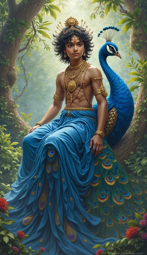 ((1men)) homem rosto com barba, Deus da beleza, Deus Eros, Deus da Lua, Um retrato impressionante de um deus, Frank Kelly Freas, estilo de Karol Bak, (( rosto lindo)), inspirado em Caravaggio,(( floresta mystica celta com satyros e ninfas)), ((with a majestic peacock and a Greek column on the side)), (( majestic peacock,ave de plumagem rara e bonita, Explendida )),