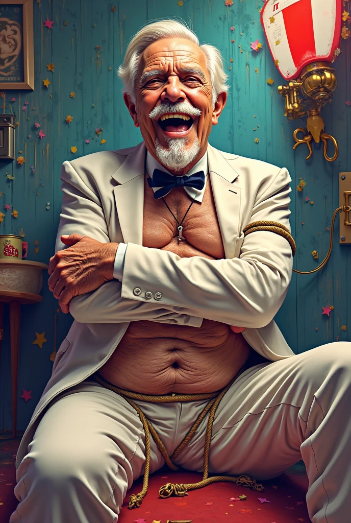 White man with curly hair, tight boxer shorts, pink body with a Greek structure, but no body hair ,like a black wizard's hat on his head, grandson on a golden throne with two men in their underwear next to him