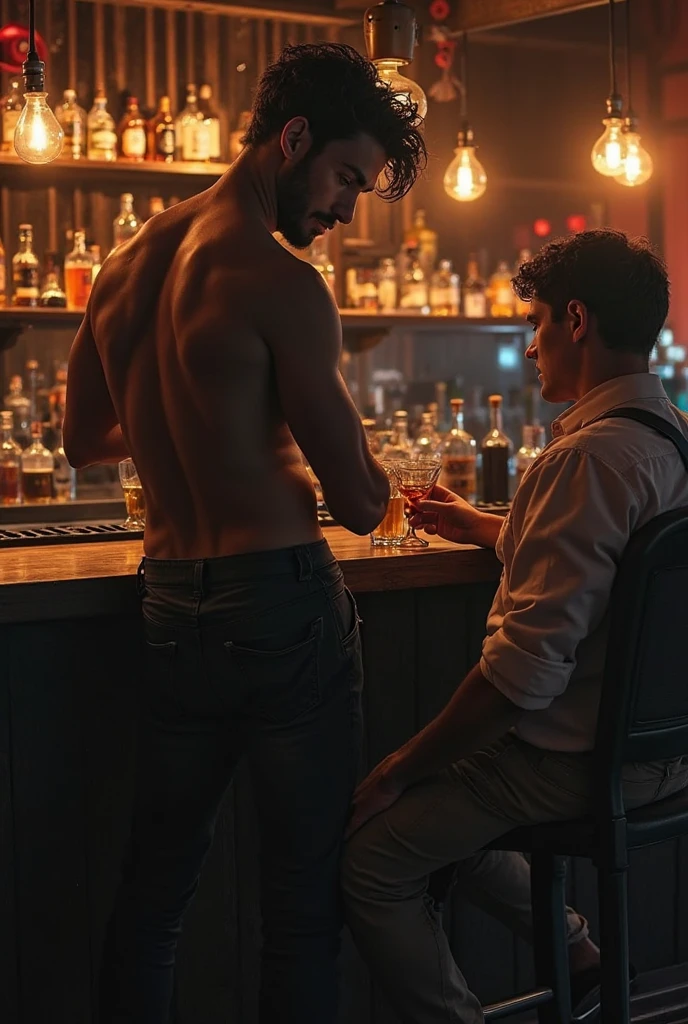 Young handsome white man, cute and attractive, in a bar, shirtless, with a drink in his hand, a friend with a black hat and black clothes lifts him up on his arm, carrying him to bed because the young man is already drunk