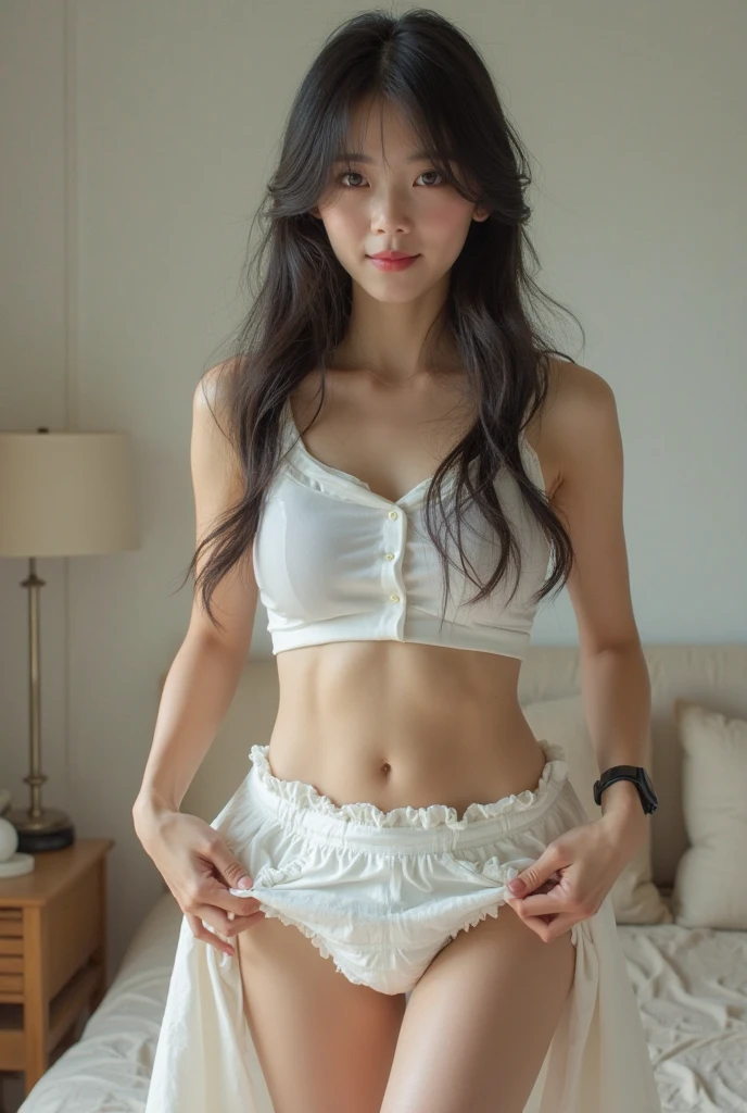 resolution, 1 girl, Watching the audience,Young beautiful Japanese woman, Super cute face, Gorgeous appearance, Large Breasts,Long Bob Hair,smile,(school uniform:1.3),Beautiful Eyes,(indoor:1.3), 混雑した道をsmileで歩く,Glossy lips, Double eyelids on both eyes, Natural Makeup, Long eyelashes, 艶やかで滑らかなライトブラウンのLong Bob Hair, Asymmetrical bangs, Glowing Skin, Center image, 高resolution, High Detail, Detailed hairstyle, Detailed face, Great cinema lighting, Octane Rendering, Vibrant, Surreal, Perfect limbs, Perfect Anatomy, Spreading hair、Slender beauty:1.4、((Saggy breasts:1.4))、Chest exposed、Slim Abs、Curved Waist、(smile:1.2) 、(Pleated mini skirt、Lift up the hem of your skirt:1.2))、Slender and long beautiful legs、Open your feet wide、(Sheer black stockings:1.2)、(Lace panties:1.2、Beautiful pussy exposed、Open up、pussy creampie、pubic hair:1.1)、(From below:1.2)、Backlight、