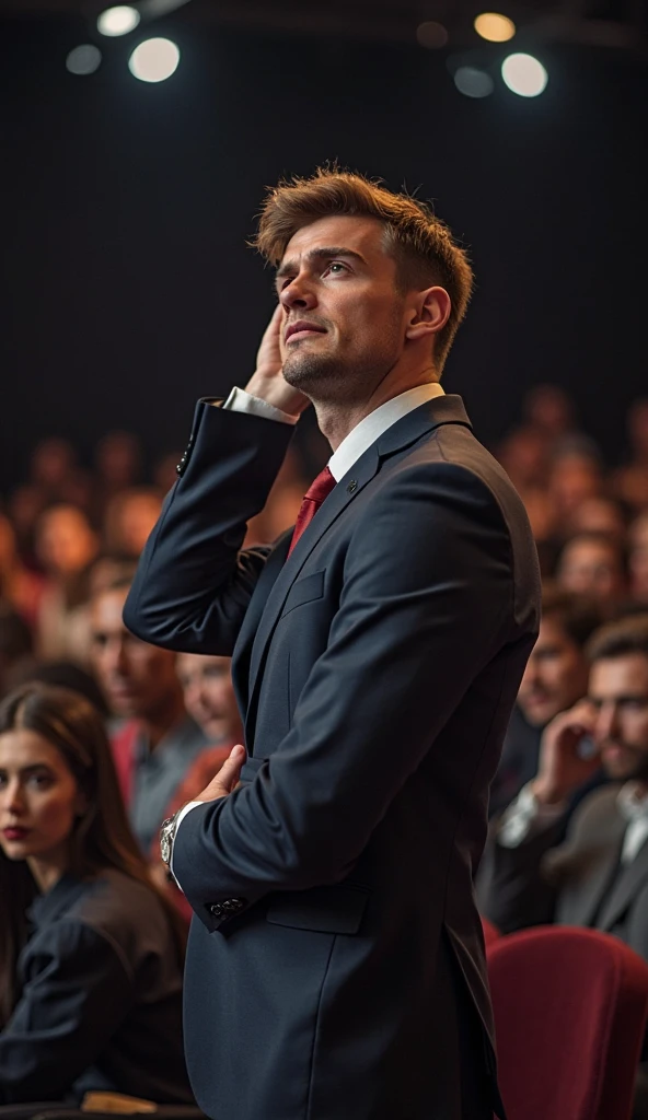 a man in a suit lecturing to a crowd, 35mm, lens, f/1.8, face zoom centered, 16k image