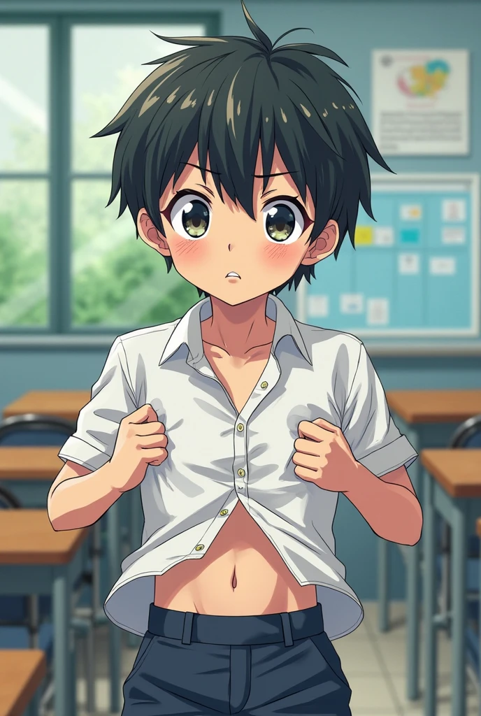 keiichi_maebara,brown hair,blue eyes.hair between eyes, penis、Phimosis penis、Short phimosis,Wooden school building、Classroom、red blush、opening legs、(Crab crotch)、Thrusting your hips back、White short-sleeved shirt、Lower body naked