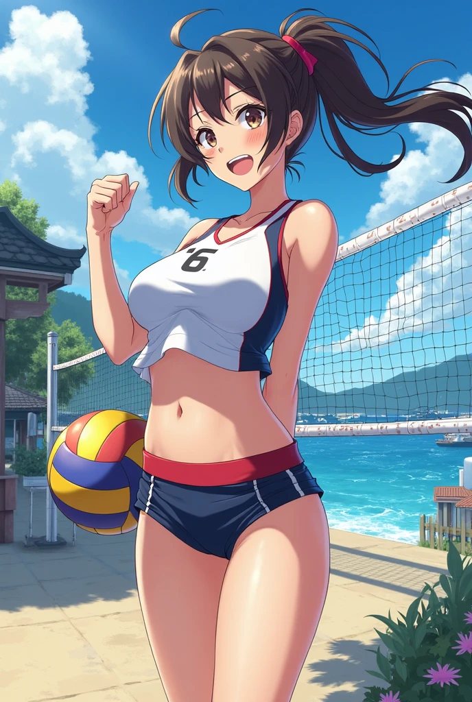 top-quality、lighting like a movie、 Girl's、beach volleyball costume、beach、full of sweat、embarrassed from、Overexposed、The bikini、all-fours