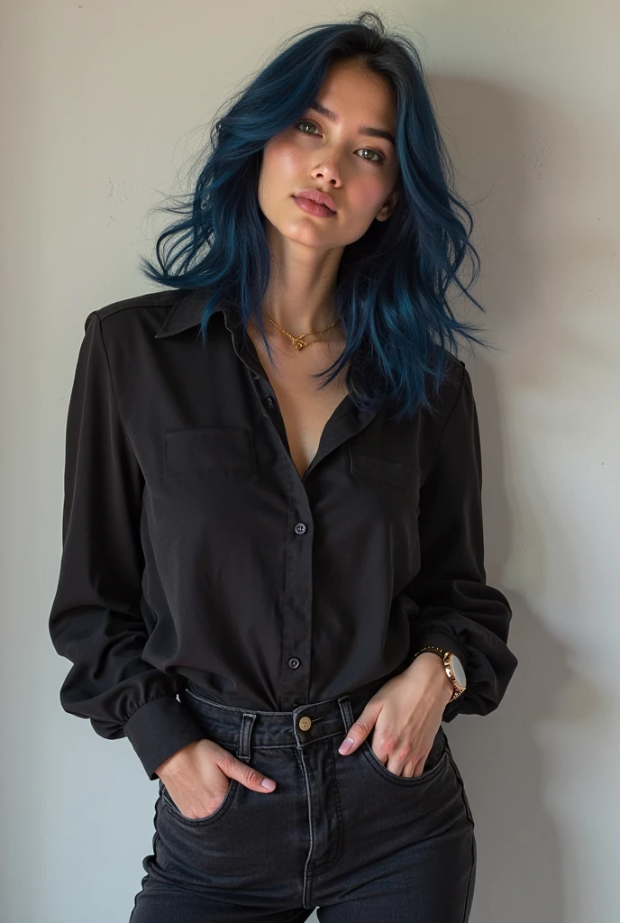 A girl with curly hair dyed blue at the ends,Caucasian skin, blue-eyed,Body cute,Brazilian,with a white Lacoste blouse and black jeans