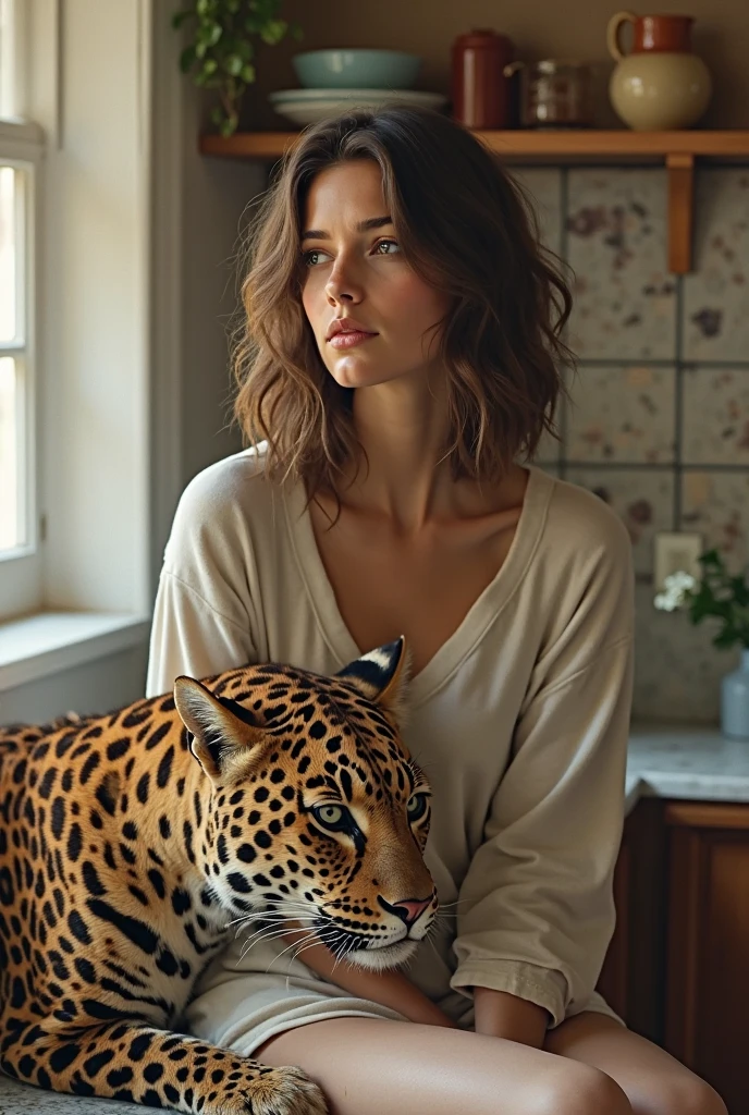 Emma Watson (25, extra busty) and her girlfriend (various race, age near 20, busty, hourglass figure) are both dressed in sheer colorful night gowns. They are passionately hugging and kissing while their pet cheetah tries to sleep. Romantic lit Bedroom